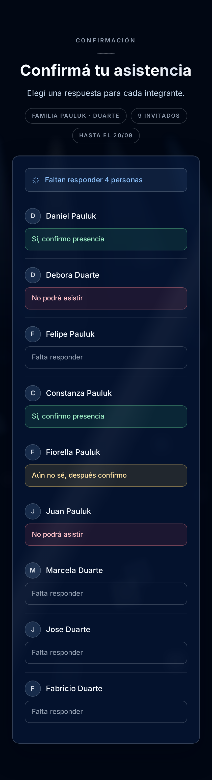 Pantalla de confirmación de asistencia persona por persona