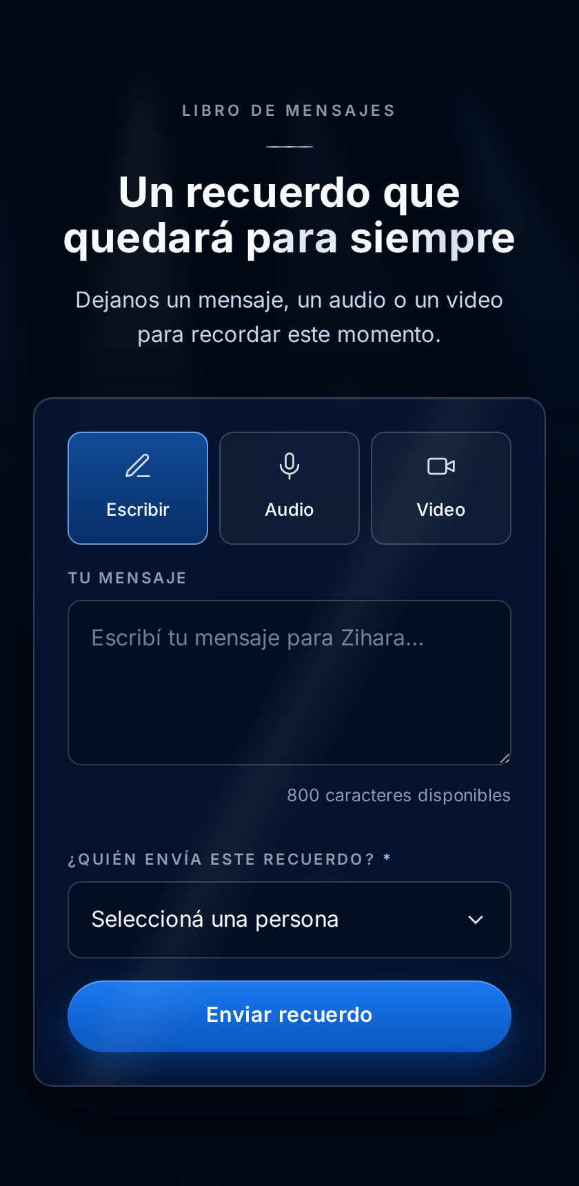 Pantalla del libro de mensajes con texto, audio y video
